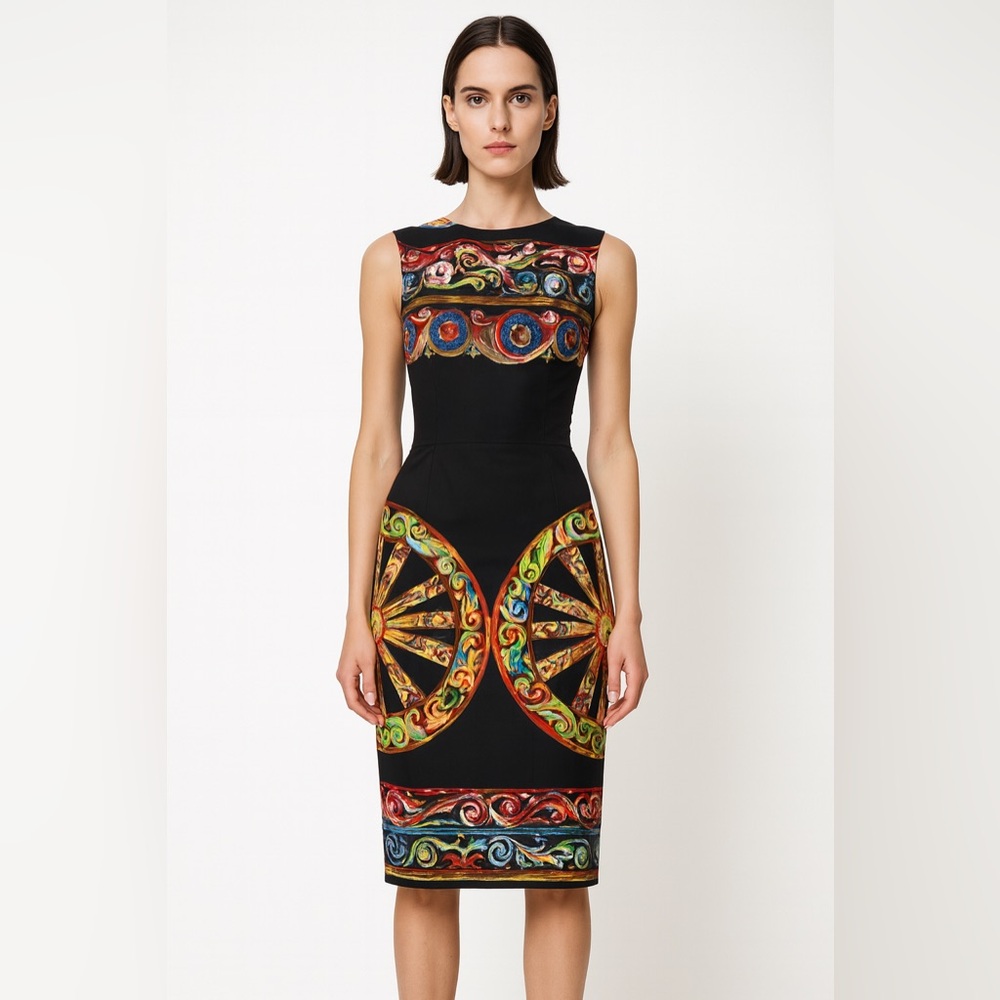 Dolce & Gabbana Black Multicolor Midi Dress printed - Picture 2 of 10